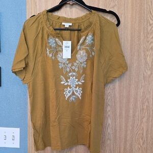 J. Jill Mustard Blouse with White Embroidery